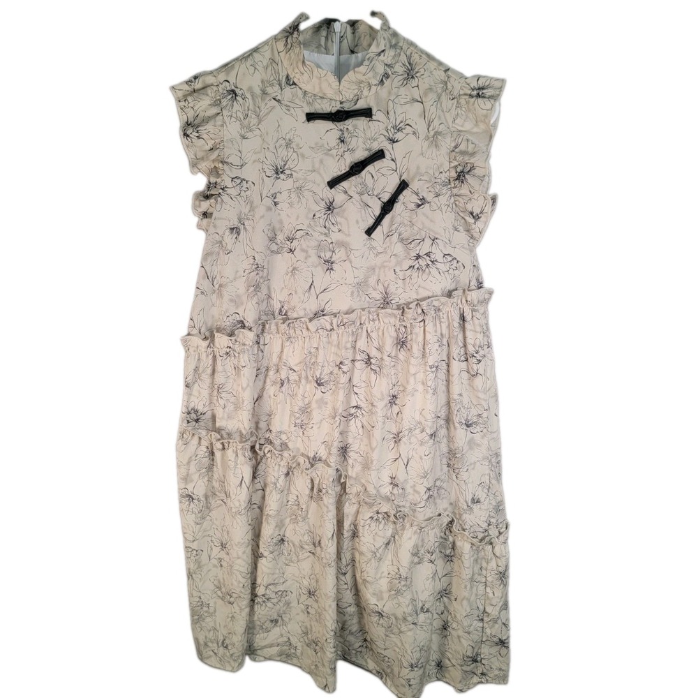 Dazy Womens M Cream Black Floral‎ High Neck Sleeveless Tiered Dress Cheongsam